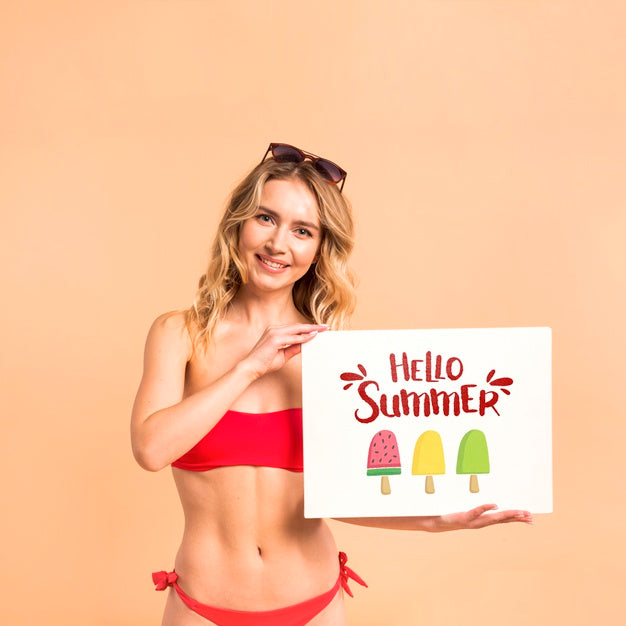 Attractive Woman In Bikini Presenting Cover Mockup Psd