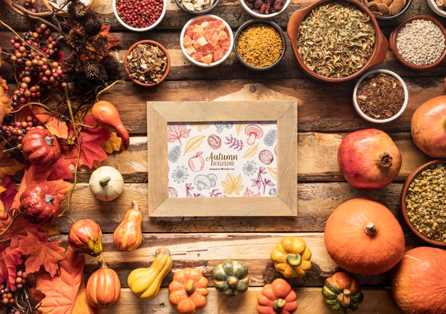 Autumn Background Frame Surrounded By Fall Foodstuff Psd