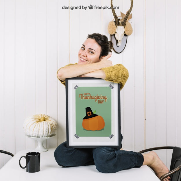 Autumn Mockup With Happy Woman And Frame Psd