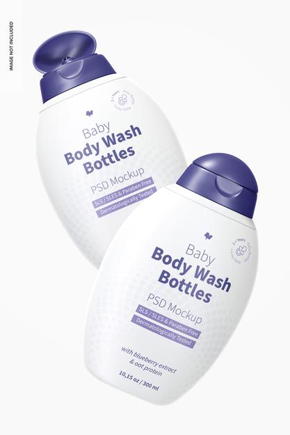 Baby Body Wash Bottles Mockup, Floating Psd