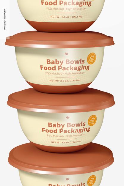 Baby Bowls Food Packaging Mockup, Close-Up Psd