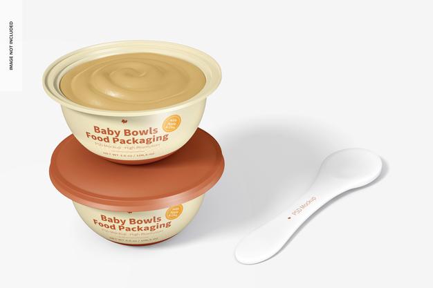 Baby Bowls Food Packaging Mockup, Stacked Psd