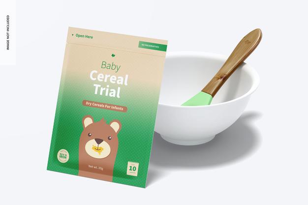 Baby Cereal Trial Pack Mockup, Perspective Psd