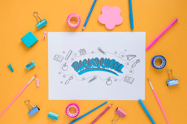 Back To School Arrangement With Pink And Blue Supplies Psd