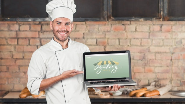 Bakery Mockup With Laptop Psd