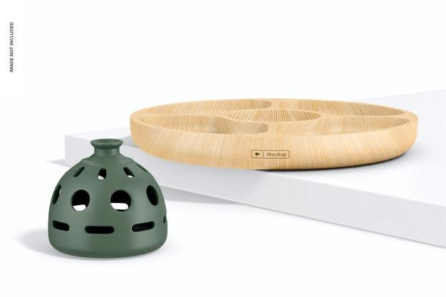 Bamboo Round Tray Mockup, On Podium Psd