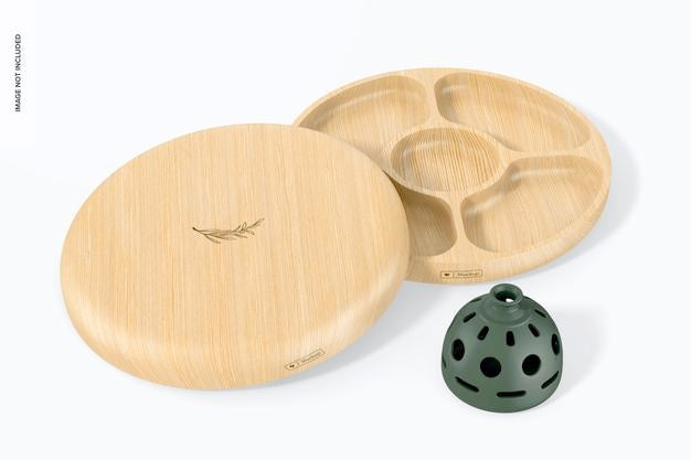 Bamboo Round Tray Mockup, Stacked Psd
