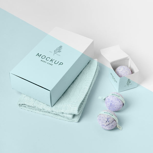 Bath Bombs, Boxes And Towel High Angle Psd