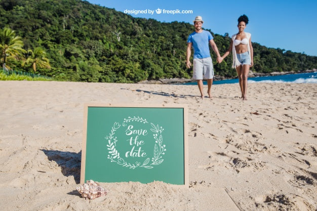 Beach Concept With Slate And Couple Holding Hands Psd