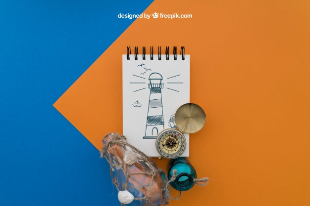 Beach Items With Notepad On Orange And Blue Background Psd