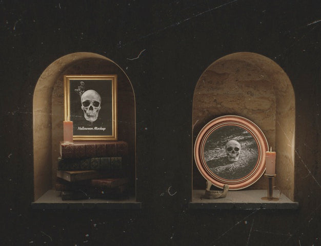 Beautiful Mock-Up Frames With Skull In A Cellar Chamber Psd