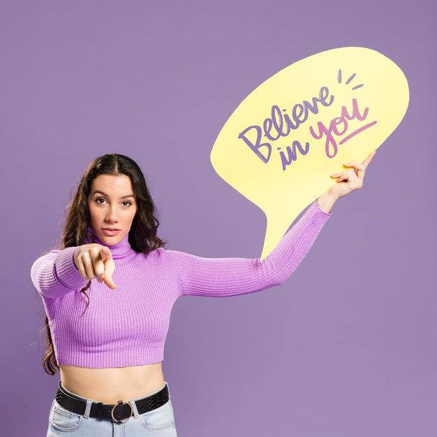 Beautiful Model Holding Speech Bubble Psd