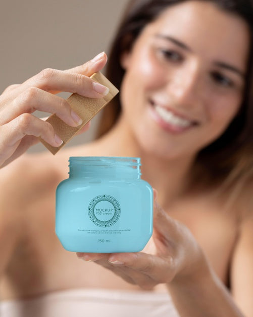 Beautiful Smiley Woman Holding Cream Jar Mock-Up Psd