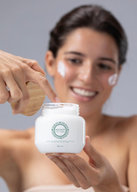 Beautiful Smiley Woman Holding Cream Jar Mock-Up Psd