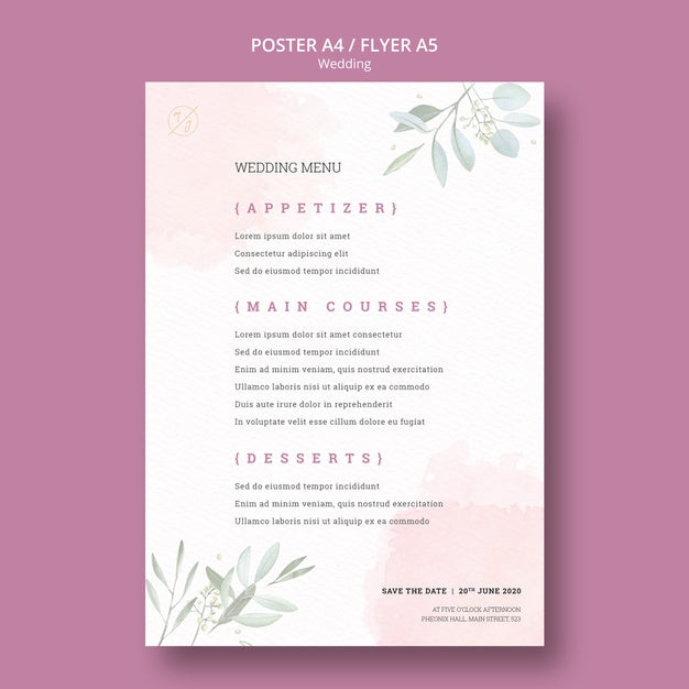 Beautiful Wedding Menu Poster Mock-Up Psd