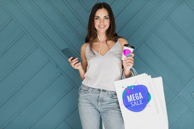 Beautiful Woman Shopping On Promotional Time Offers Psd