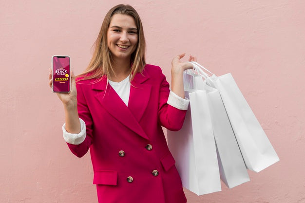 Beautiful Woman With Black Friday Bag Concept Psd