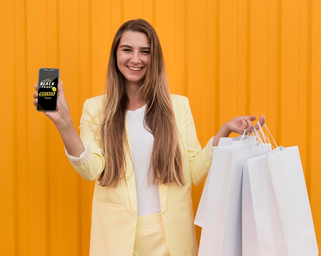 Beautiful Woman With Black Friday Bag Concept Psd