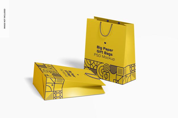 Big Paper Gift Bags With Rope Handle Mockup, Dropped Psd