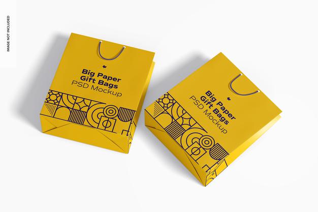 Big Paper Gift Bags With Rope Handle Mockup, Top View Psd