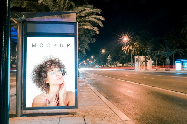 Billboard Mockup At Bus Stop At Night Psd