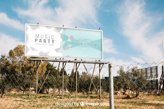 Billboard Mockup Behind Metal Fence Psd