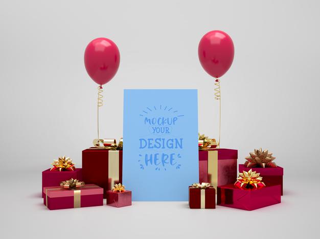 Birthday Card Mockup Among Presents And Balloons Psd
