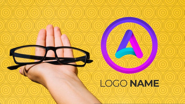 Black Frame Lens With Company Logo Name And Hand Psd