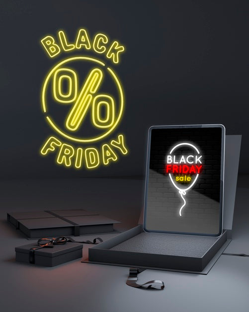 Black Friday Background With Tablet And Yellow Neon Lights Psd