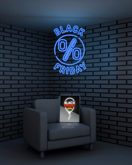 Black Friday Background With Tablet Mock-Up And Neon Lights Psd