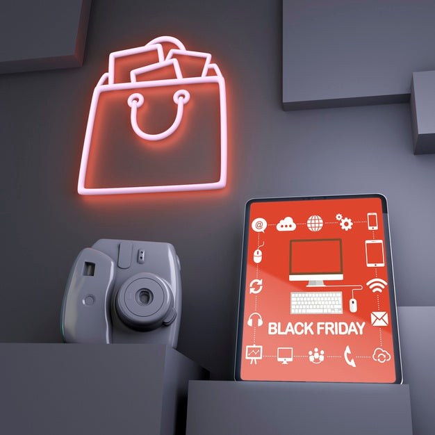 Black Friday Background With Tablet Mock-Up And Red Neon Lights Psd