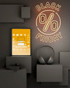 Black Friday Background With Yellow Neon Lights And Tablet Psd