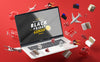 Black Friday Discount Items Mock-Up Red Background Psd