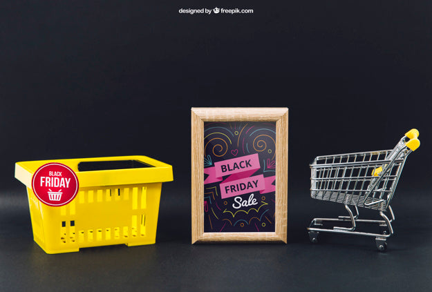 Black Friday Mockup With Basket And Frame Psd