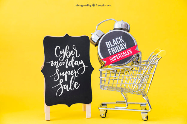Black Friday Mockup With Cart And Alarm Psd