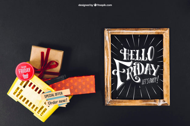 Black Friday Mockup With Slate And Basket Psd