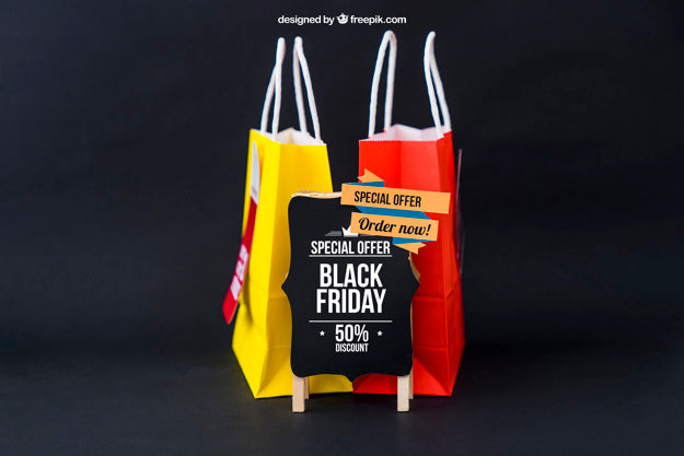 Black Friday Mockup With Two Bags Behind Board Psd
