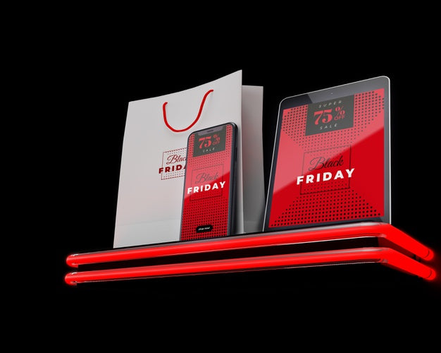 Black Friday Neon Lettering On Electronic Devices Psd
