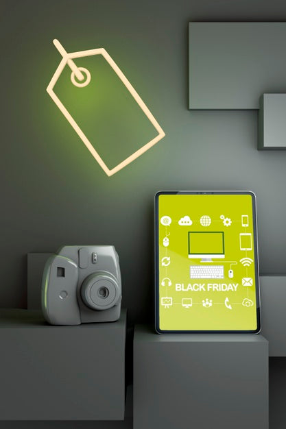 Black Friday Tablet Mock-Up With Yellow Neon Lights Psd