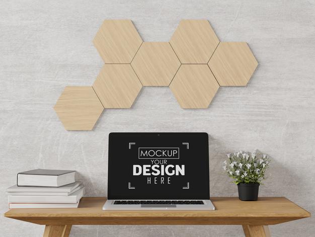Black Laptop In Work Space Psd Mockup Psd