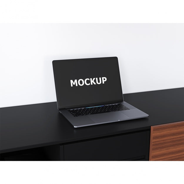 Black Laptop Mockup On A Desk Psd