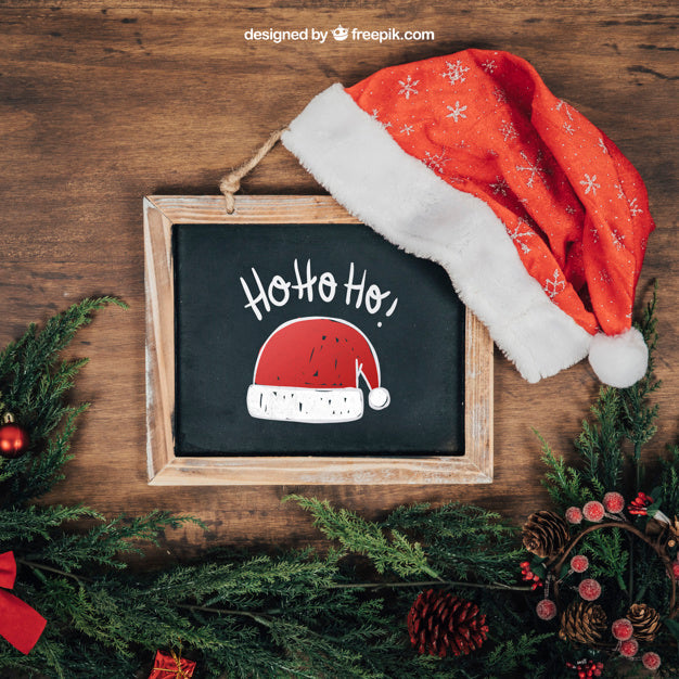 Blackboard And Santa Hat Mockup With Christmtas Design Psd