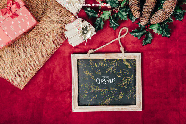 Blackboard With Elements Mockup With Christmtas Design Psd
