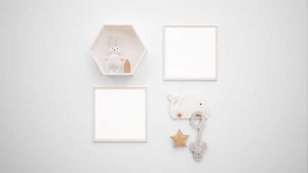 Blank Photo Frames Mockup Hanging On The Wall Next To A Bunny Toy Psd