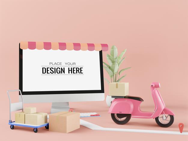 Blank Screen Computer Mockup. Shipping Concept Psd