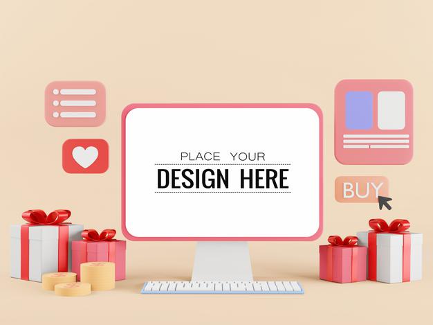 Blank Screen Computer Mockup With Gift Boxes Psd