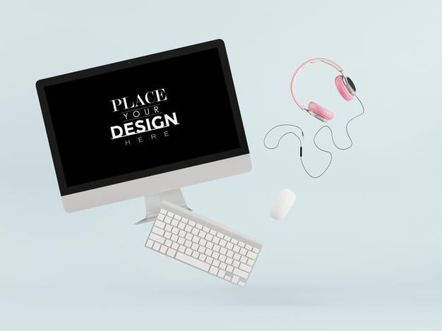 Blank Screen Computer With Keyboard And Headphones Psd
