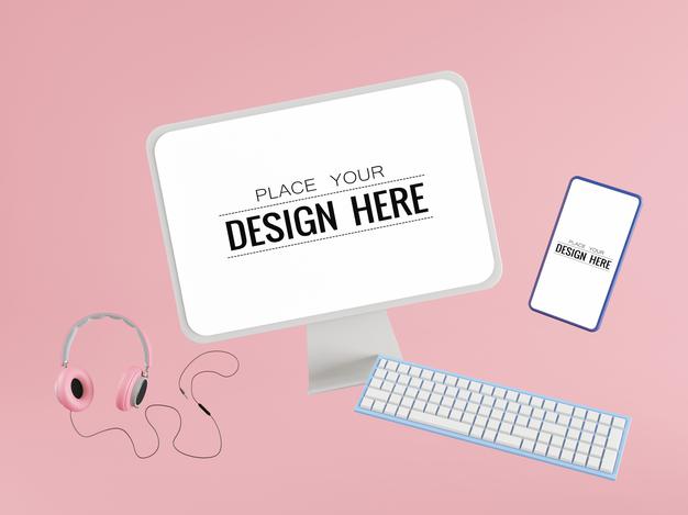 Blank Screen Computer With Smartphone And Headphones Psd
