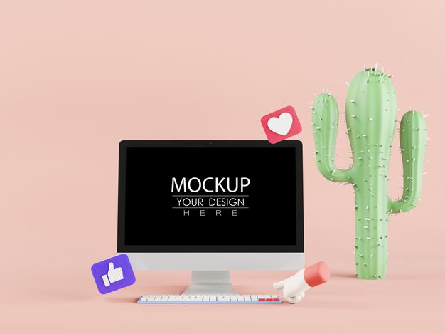 Blank Screen Computer With Social Media Elements Psd