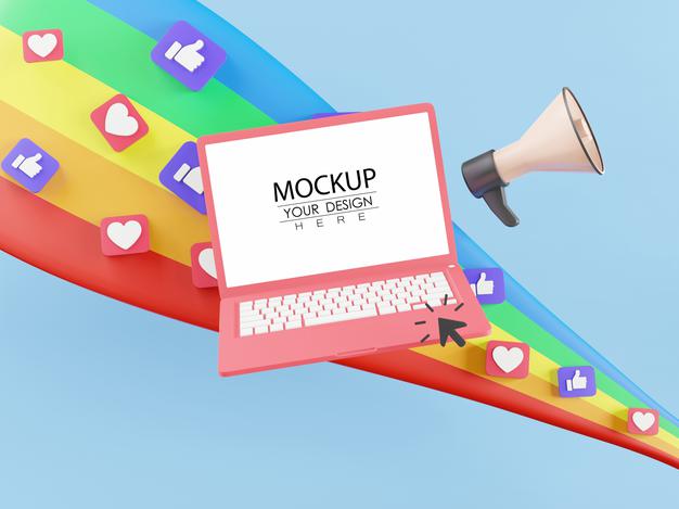 Blank Screen Laptop Computer With Megaphone And Rainbow Full Of Social Media Icons Psd